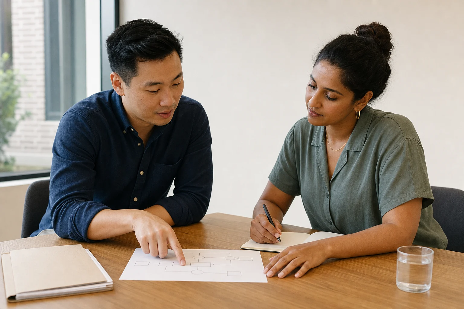 Two people reviewing a simple workflow in a one-to-one session.