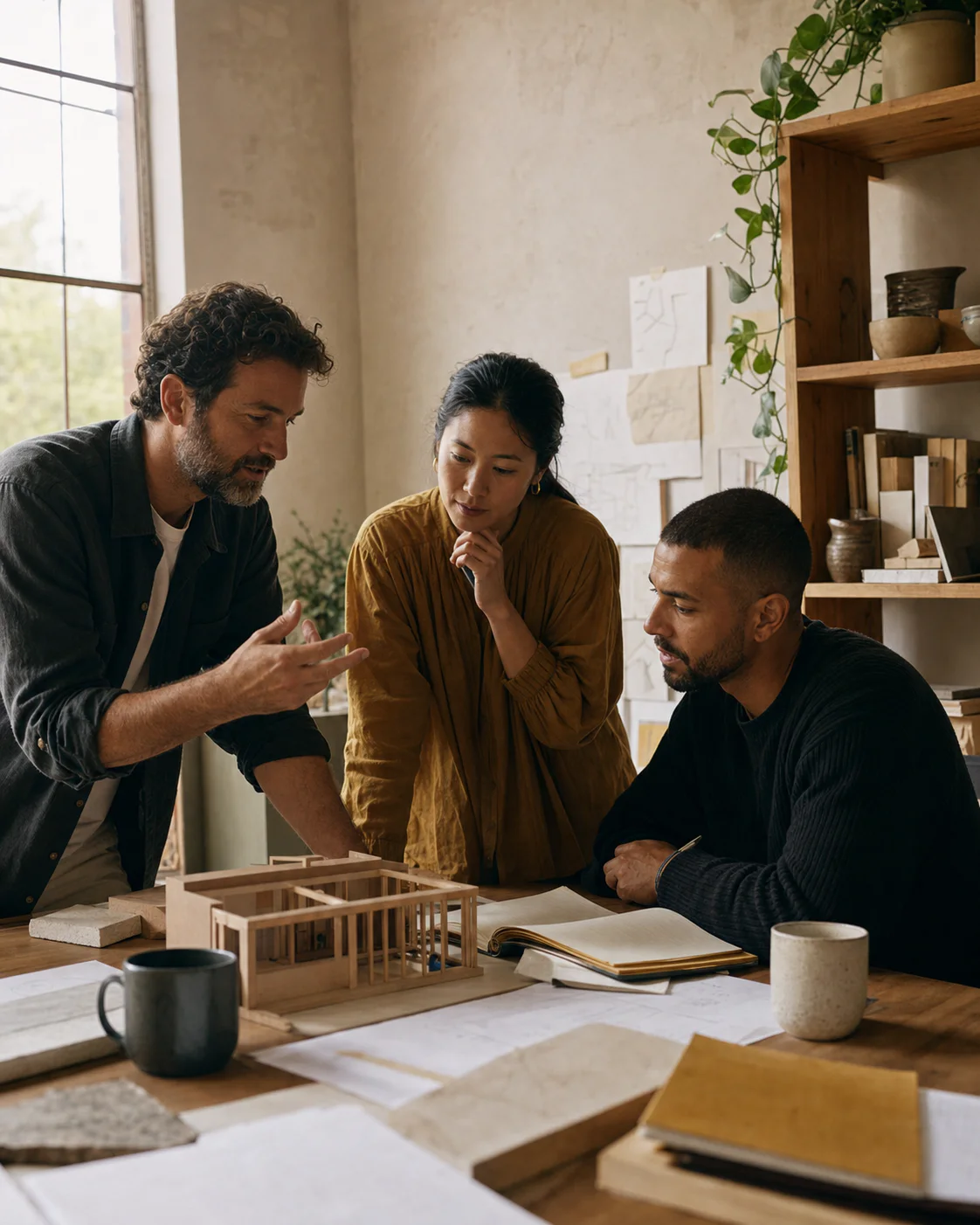 Three people reviewing a work process together at a table.