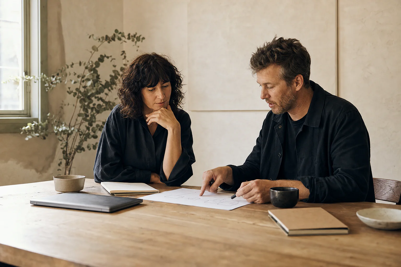 Two people mapping a workflow together at a table.
